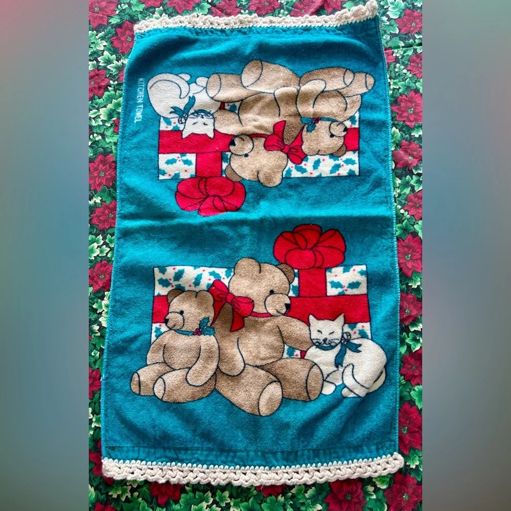 Vintage Christmas Dish Kitchen Towel Teddy Bear Cat Teal Blue White Taiwan